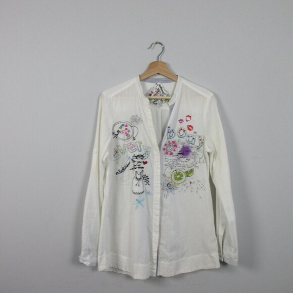 Desigual Tops - Desigual Women's White Embroidered Button Down Blouse Every Body Shirt S 138